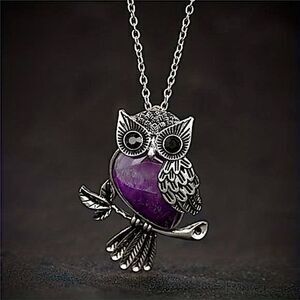 Mystical Purple Crystal Owl Pendant Necklace Cottagecore Statement Jewelry